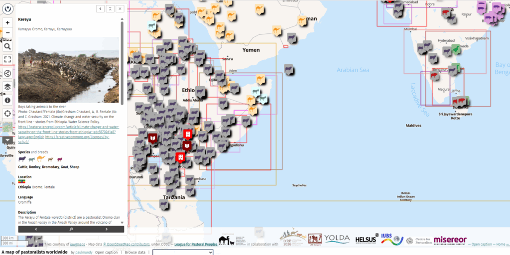 Screenshot of the Pastoralist Map showing the Kereyu pastoralists in East Africa